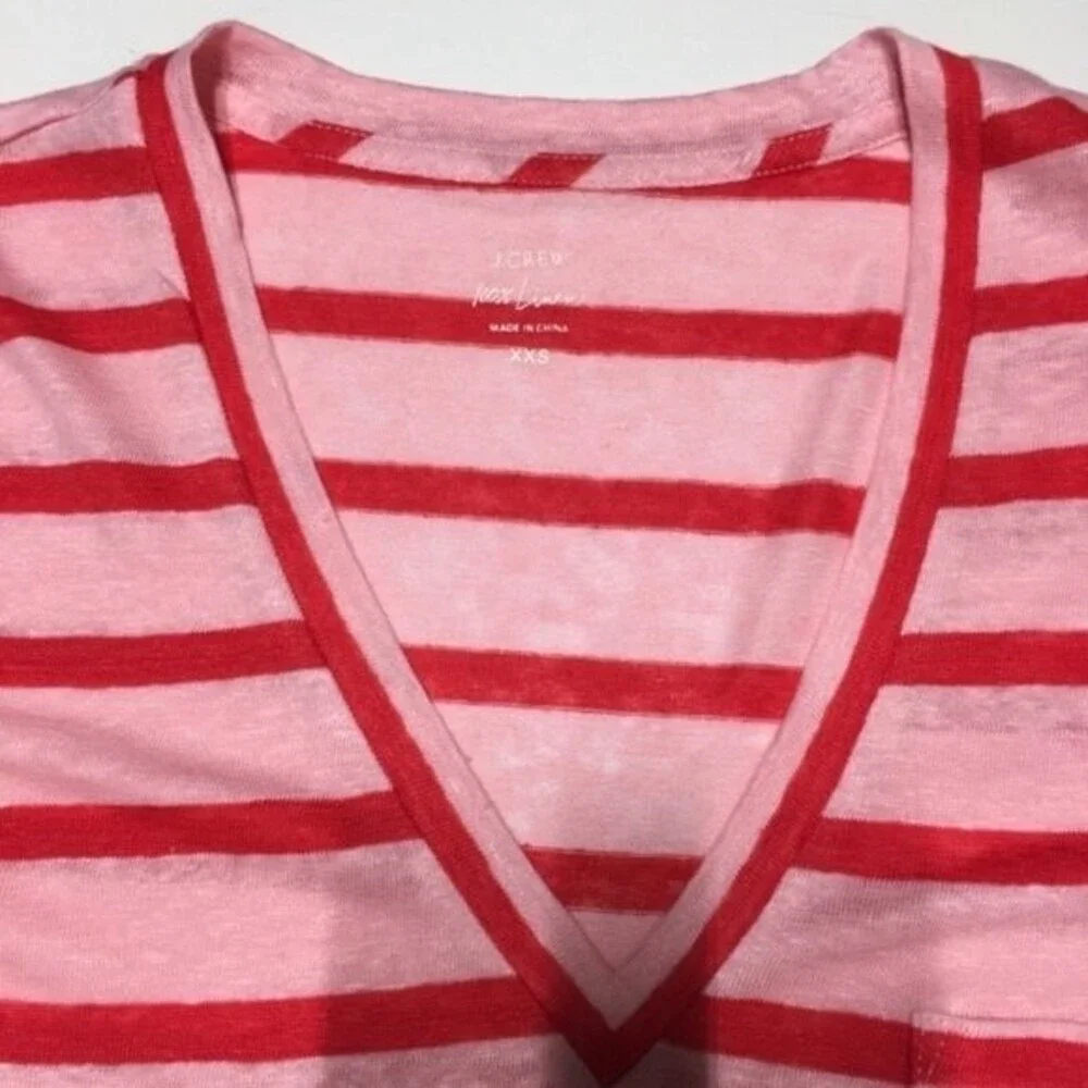 J. Crew Striped Linen V Neck Tee Pink Red XXS NWT